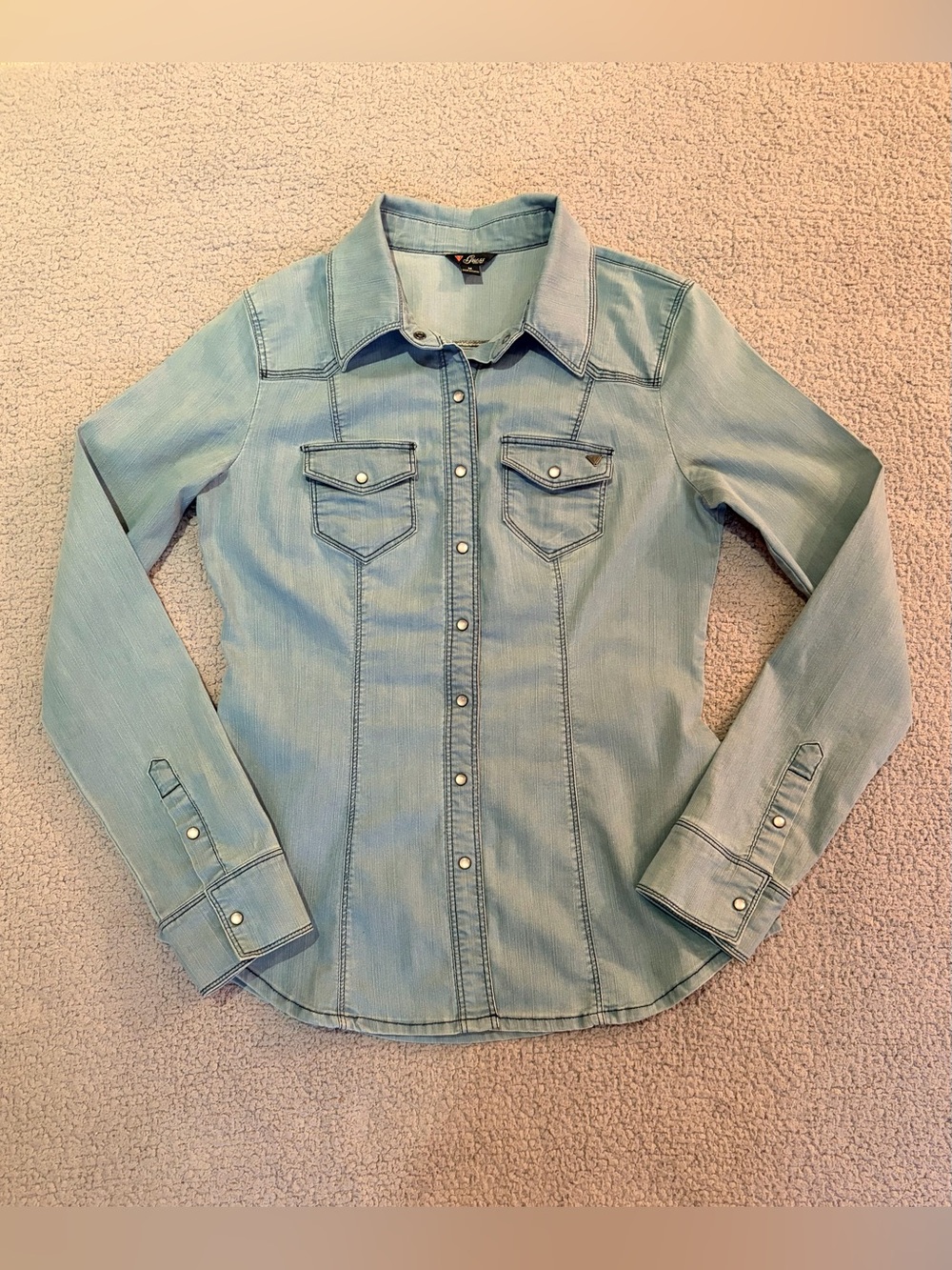 Country Western Boho Denim Pearl Snap Button Down Shirt Size S